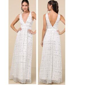Lulus Solita White Sequin Mesh Sleeveless Maxi Dress Small New NWT